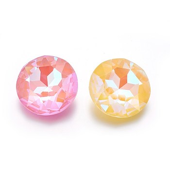 Faceted Glass Pointed Back Rhinestone Cabochons, Mocha Fluorescent StyleFlat Round, Mixed Color, 35x13~14mm