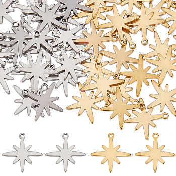 60Pcs 2 Colors 304 Stainless Steel Pendants, Laser Cut, Eight Pointed Star, Golden & Stainless Steel Color, 15x15x1mm, Hole: 1.2mm, 30pcs/color