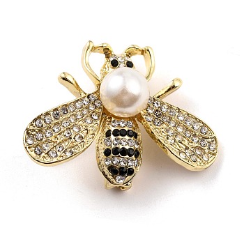 Bee Alloy Brooch with Resin Pearl, Exquisite Rhinestone Insect Lapel Pin for Girl Women, Golden, Jet, 29x40x12.5mm, Pin: 0.8mm