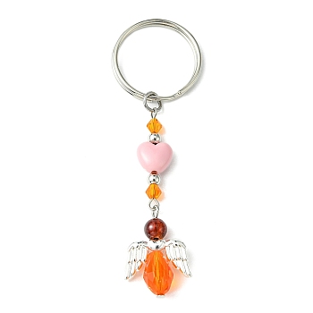 Glass & Acrylic Pendant Keychain, with Iron Split Key Rings, Heart & Angel, Dark Orange, 8.1~8.2cm