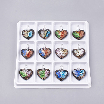 Handmade Gold Sand Lampwork Pendants, Inner Flower, Heart, Mixed Color, 41~46x36~38x15~16mm, Hole: 8mm, Box Size: 20x19.5x1.3cm, about 12pcs/box