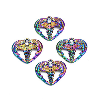 Rainbow Color Alloy Pendants, with Rhinestone, Cadmium Free & Lead Free, Heart, 19.5x22x3mm, Hole: 1.8mm