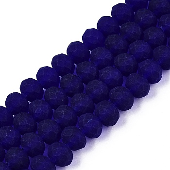 Transparent Glass Beads Strands, Faceted, Frosted, Rondelle, Dark Blue, 8mm, Hole: 1mm, about 64~65pcs/strand, 40~41cm