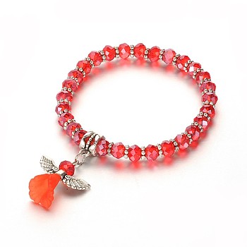 Angel Glass Beaded Acrylic Charm Bracelets, with Tibetan Style Alloy Beads, Lovely Wedding Dress Angel Dangle, Antique Silver, Red, 48mm