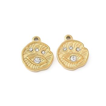 304 Stainless Steel Rhinestone Pendants, Eye Charms, Ion Plating(IP), Real 18K Gold Plated, 12x10x2mm, Hole: 1.4mm