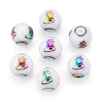 Christmas Opaque Glass Beads, Round with Electroplate Christmas Bell Pattern, Multi-color Plated, 10mm, Hole: 1.2mm