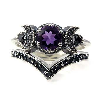 Gothic Purple Crystal Ring with Triple Moon Goddess - Black Diamond Jewelry for Women, Purple, No. 8
