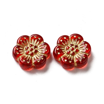 Transparent Plating Acrylic Beads, Golden Metal Enlaced, Plum Blossom, Red, 12~13x4mm, Hole: 1mm, about 1150pcs/500g