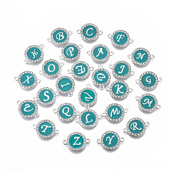 Alloy Enamel Links Connectors, with Crystal Rhinestones, Flat Round with Letter, Silver Color Plated, Cadmium Free & Lead Free, Random Mixed Letters, 22x16x2mm, Hole: 1.8mm