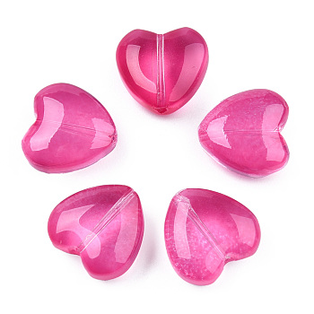 Transparent Spray Painted Glass Beads, Heart, Camellia, 12x12x5.5mm, hole: 0.9~1mm