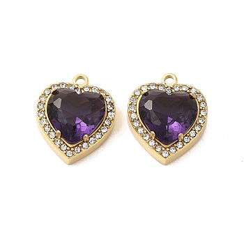 304 Stainless Steel Pendants, with Glass and Rhinestone, Heart Charms, Purple, 16x14x5.7mm, Hole: 1.4mm
