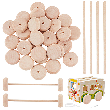 30Pcs Schima Wood Vehicle Wheels, Toy Making Accessories, Flat Round, with 15Pcs Schima Wood Sticks, BurlyWood, Wheel: 3.8x1.2cm, Hole: 4.5mm, Sticks: 15x0.5cm