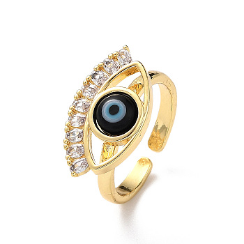 Lampwork Evil Eye Open Cuff Ring with Clear Cubic Zirconia, Real 18K Gold Plated Brass Jewelry for Women, Black, Inner Diameter: 17mm