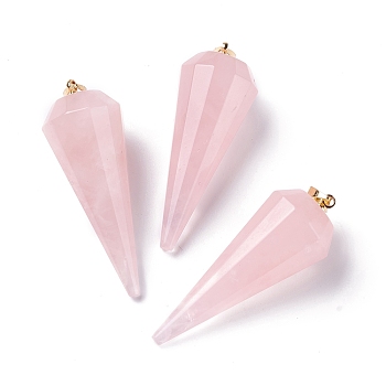 Natural Rose Quartz Pendants, with Brass Findings, Faceted, 12 Facets Cone/Spike/Pendulum, Real 18K Gold Plated, 42~44x15~16mm, Hole: 3.6x4mm