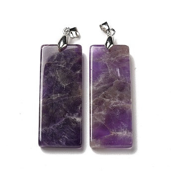 Natural Amethyst Big Pendants, Rectangle Charms, with Rack Plating Platinum Plated Brass Snap on Bails, Lead Free & Cadmium Free, 48~51x19~20x6~7.5mm, Hole: 5.7x4mm
