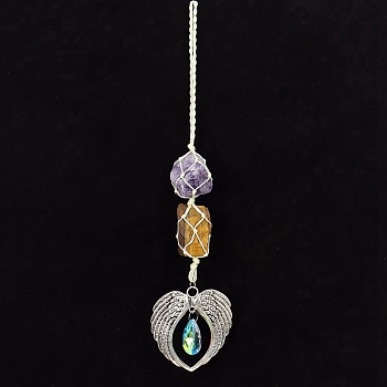 Nuggets Natural Amethyst & Natural Tiger Eye Pouch Pendant Decorations, Wing with Teardrop Alloy & Glass Charm for Home Car Hanging Decorations, 275x65mm