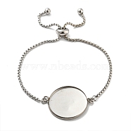 304 Stainless Steel Round Cabochon Setting Bracelets, Box Chain Adjustable Slider Bracelets Making, Stainless Steel Color, Tray: 25.5mm, 21.9x0.2cm(DIY-Z026-01D)