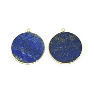 Natural Lapis Lazuli Pendants, with Brass Findings, Flat Round, Golden, 32~34x28.5~31x2mm, Hole: 1.6mm(G-E526-10B)