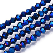 Electroplate Glass Bead Strands, Rainbow Plated, Faceted Bicone, Blue Plated, 4x4.5mm, Hole: 1mm, 92~96pcs/strand, 13.78~14.37 inch(X-EGLA-R094-4mm-03)