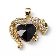 Real 18K Gold Plated Rack Plating Brass Micro Pave Clear Cubic Zirconia Pendants, with Glass, Long-Lasting Plated, Cadmium Free & Lead Free, Leopard with Heart Charm, Black, 24.5x25x8.2mm, Hole: 5x3.2mm(KK-C015-13G-04)