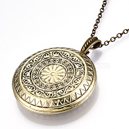 Brass Locket Pendant Necklaces, with Iron Cable Chains, Flat Round with Flower, Antique Bronze, 32.2 inch(82cm)(NJEW-R250-02AB)