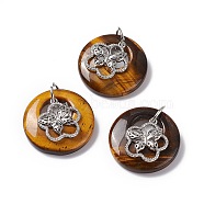 Natural Tiger Eye Pendants, Flat Round Charms, with Platinum Tone Brass Flower with Butterfly Findings, Cadmium Free & Nickel Free & Lead Free, 30~35x28~32x10~10.5mm, Hole: 2mm(G-P484-01P-05)