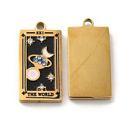 304 Stainless Steel Pendants, with Enamel and Rhinestone, Golden, Rectangle with Tarot Pattern, The World XXI, Black, 21x10.5x2mm, Hole: 1.5mm(X-STAS-M310-01G-05)