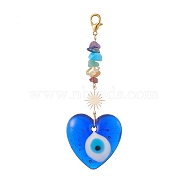 Evil Eye Lampwork Pandant Decorations, with Alloy Rhinestone Links and Stainless Steel Lobster Claw Clasps, Gemstone Chip Bead, Heart, 97mm(HJEW-JM01001-02)