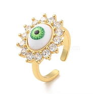 Cubic Zirconia Sun with Evil Eye Open Cuff Ring with Acrylic, Real 18K Gold Plated Brass Jewelry for Women, Cadmium Free & Lead Free, Lawn Green, US Size 6 1/2(16.9mm)(RJEW-B042-06G-03)