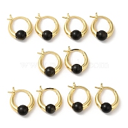 Natural Obsidian Round Beaded Hoop Earrings, Real 18K Gold Plated Brass Jewelry, Cadmium Free & Lead Free, 19x15x6.5mm(EJEW-A099-03G-01)