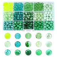 375Pcs 15 Style Glass Beads, Round, Green, 8~9mm, Hole: 1~1.6mm, about 25Pcs/style(GLAA-FS0001-39)