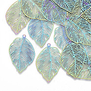Ion Plating(IP) 201 Stainless Steel Filigree Pendants, Etched Metal Embellishments, Tropical Leaf Charms, Monstera Leaf, Rainbow Color, 37x25x0.3mm, Hole: 1.8mm(STAS-R102-34)