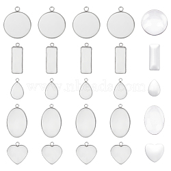 DIY Blank Pendant Making Kit, Including 304 Stainless Steel Pendant Cabochon Settings, Glass Cabochons, Flat Round & Rectangle & Oval & Teardrop & Heart, Stainless Steel Color, 60Pcs/box(DIY-UN0004-99)