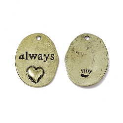 Tibetan Style Alloy Pendants, Oval with Word Always and Heart Pattern, Antique Bronze, 25x18x2mm, Hole: 1.8mm(PALLOY-D014-19AB)