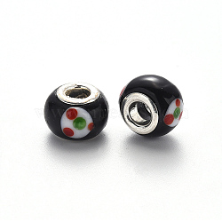 Handmade Lampwork European Beads, Large Hole Rondelle Beads, with Platinum Tone Brass Double Cores, Black, 14~16x9~10mm, Hole: 5mm(LPDL-N001-057-B11)