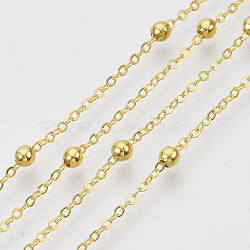 Brass Coated Iron Cable Chains, Satellite Chains, with Brass Round Beads, Soldered, with Spool, Flat Oval, Golden, 2.2x1.7x0.7mm, about 39.37 Feet(12m)/roll(CH-T002-01G)