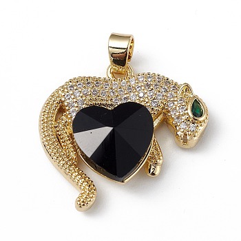 Real 18K Gold Plated Rack Plating Brass Micro Pave Clear Cubic Zirconia Pendants, with Glass, Long-Lasting Plated, Cadmium Free & Lead Free, Leopard with Heart Charm, Black, 24.5x25x8.2mm, Hole: 5x3.2mm