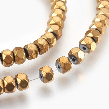 Electroplated Non-magnetic Synthetic Hematite Bead Strand, Flat Round/Disc, Faceted, Golden Plated, 4x3mm, Hole: 0.8mm, about 138pcs/strand, 15.7 inch(40cm)