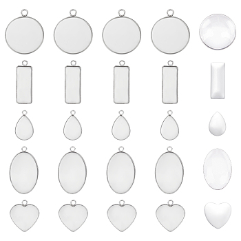 DIY Blank Pendant Making Kit, Including 304 Stainless Steel Pendant Cabochon Settings, Glass Cabochons, Flat Round & Rectangle & Oval & Teardrop & Heart, Stainless Steel Color, 60Pcs/box