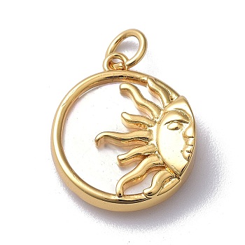 4Pcs Natural Shell Pendants, with Brass Findings & Jump Ring, Long-Lasting Plated, Flat Round with Sun, Real 18K Gold Plated, 18x15.5x4mm, Inner Diameter: 3mm, Jump Ring: 5x1mm