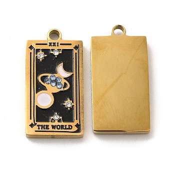 304 Stainless Steel Pendants, with Enamel and Rhinestone, Golden, Rectangle with Tarot Pattern, The World XXI, Black, 21x10.5x2mm, Hole: 1.5mm