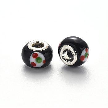 Handmade Lampwork European Beads, Large Hole Rondelle Beads, with Platinum Tone Brass Double Cores, Black, 14~16x9~10mm, Hole: 5mm