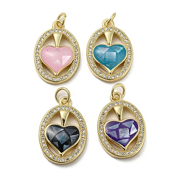 Brass Micro Pave Cubic Zirconia Pendants, with Enamel Shell, Oval with Heart, Mixed Color, 21x14x4mm