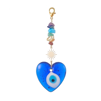 Evil Eye Lampwork Pandant Decorations, with Alloy Rhinestone Links and Stainless Steel Lobster Claw Clasps, Gemstone Chip Bead, Heart, 97mm
