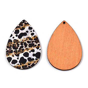 Single Face Printed Basswood Big Pendants, Teardrop Charm with Leopard Print Pattern, Saddle Brown, 60x40x3mm, Hole: 2mm