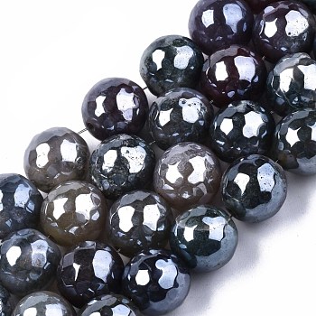 Natural Agate Beads Strands, Pearl Luster Plated, Faceted, Round, Gray, 9~10mm, Hole: 1mm, about 37pcs/strand, 14.17 inch~14.57 inch(36~37cm)