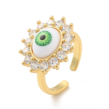 Cubic Zirconia Sun with Evil Eye Open Cuff Ring with Acrylic, Real 18K Gold Plated Brass Jewelry for Women, Cadmium Free & Lead Free, Lawn Green, US Size 6 1/2(16.9mm)