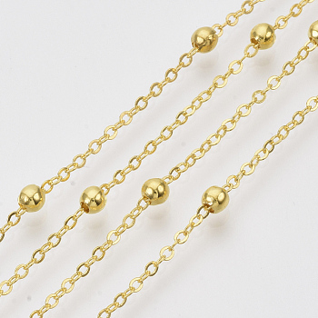 Brass Coated Iron Cable Chains, Satellite Chains, with Brass Round Beads, Soldered, with Spool, Flat Oval, Golden, 2.2x1.7x0.7mm, about 39.37 Feet(12m)/roll