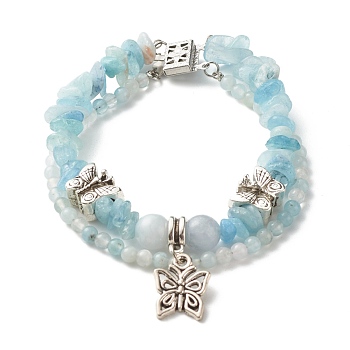 Natural Aquamarine Chip Beads Multi-strand Bracelet, Butterfly Charm Double Layered Bracelet for Teen Girl Women, Antique Silver, 7-5/8 inch(19.5cm)
