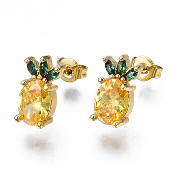 Brass Micro Pave Cubic Zirconia Stud Earrings, with Earring Backs, Nickel Free, Pineapple, Real 16K Gold Plated, Yellow, 12.5x7mm, Pin: 0.8mm